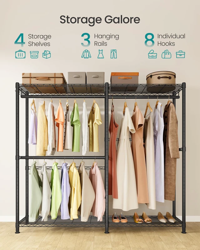 Alt view image 2 of 6 - Closet Organizers and Storage, Clothes Rack with Shelves | Freestanding Wardrobe Closet for Bedroom, 65 x 15.7 x 76 inch, Ink Black, DALTEN Collection ULGR427BH01