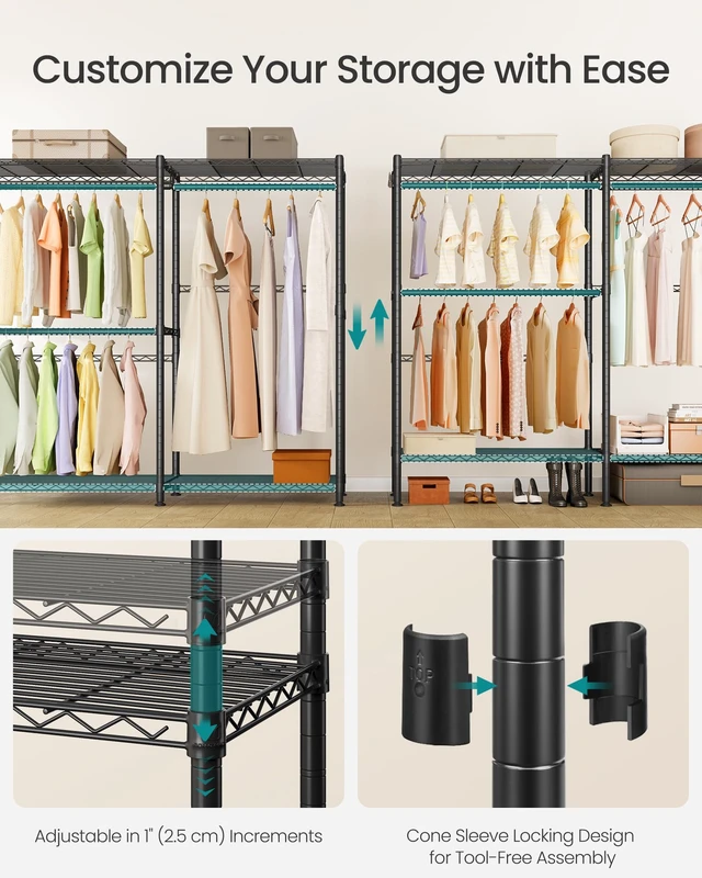 Alt view image 3 of 6 - Closet Organizers and Storage, Clothes Rack with Shelves | Freestanding Wardrobe Closet for Bedroom, 65 x 15.7 x 76 inch, Ink Black, DALTEN Collection ULGR427BH01