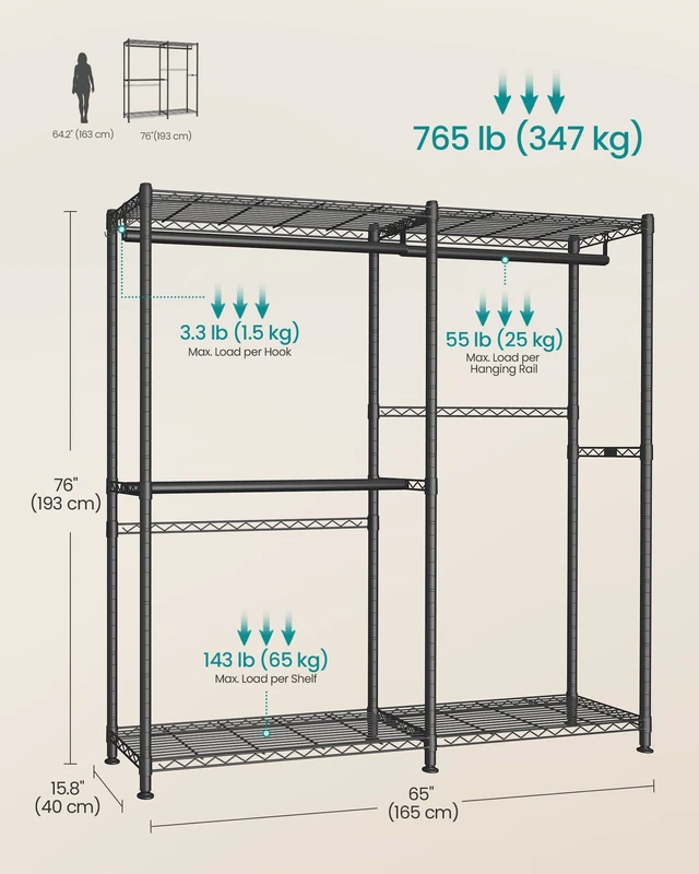 Alt view image 4 of 6 - Closet Organizers and Storage, Clothes Rack with Shelves | Freestanding Wardrobe Closet for Bedroom, 65 x 15.7 x 76 inch, Ink Black, DALTEN Collection ULGR427BH01