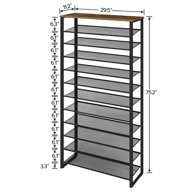 Alt view image 2 of 7 - 12-Tier Shoe Rack for Entryway, 29.5" L Shoe Storage Organizer, Large Capacity Shoe Shelf for Closet, Front Door Entrance, Hallway, Holds 36-48 Pairs of Shoes, Rustic Brown and Black BF127XJ01