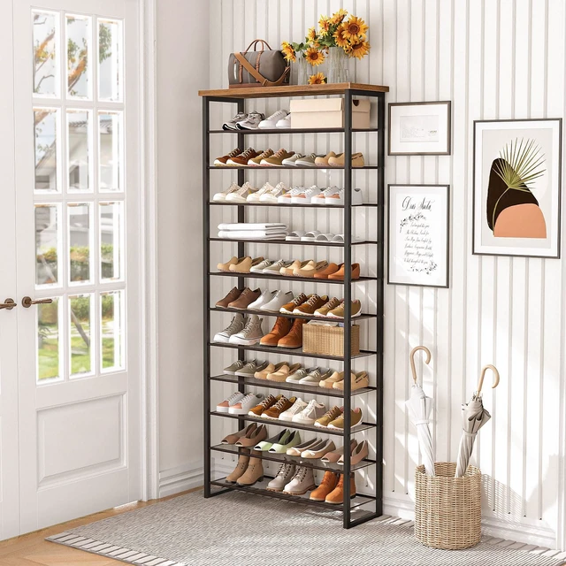 Alt view image 4 of 7 - 12-Tier Shoe Rack for Entryway, 29.5" L Shoe Storage Organizer, Large Capacity Shoe Shelf for Closet, Front Door Entrance, Hallway, Holds 36-48 Pairs of Shoes, Rustic Brown and Black BF127XJ01
