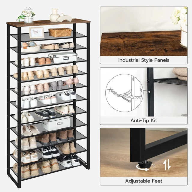 Alt view image 7 of 7 - 12-Tier Shoe Rack for Entryway, 29.5" L Shoe Storage Organizer, Large Capacity Shoe Shelf for Closet, Front Door Entrance, Hallway, Holds 36-48 Pairs of Shoes, Rustic Brown and Black BF127XJ01