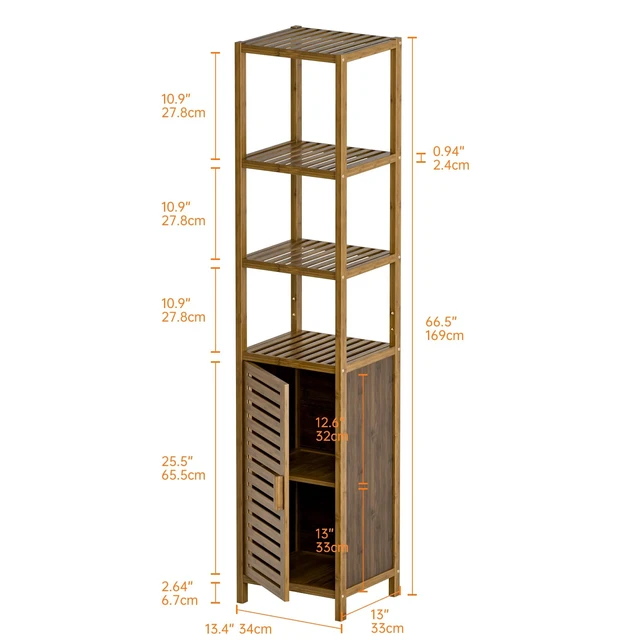 Alt view image 4 of 7 - Bathroom Cabinet, Bamboo Floor Cabinet Freestanding Narrow Storage Unit with Removable Shelves, 6 Tier Tall Cabinet, Walnut