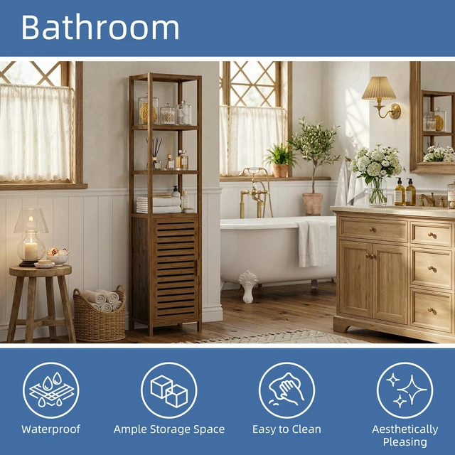 Alt view image 5 of 7 - Bathroom Cabinet, Bamboo Floor Cabinet Freestanding Narrow Storage Unit with Removable Shelves, 6 Tier Tall Cabinet, Walnut