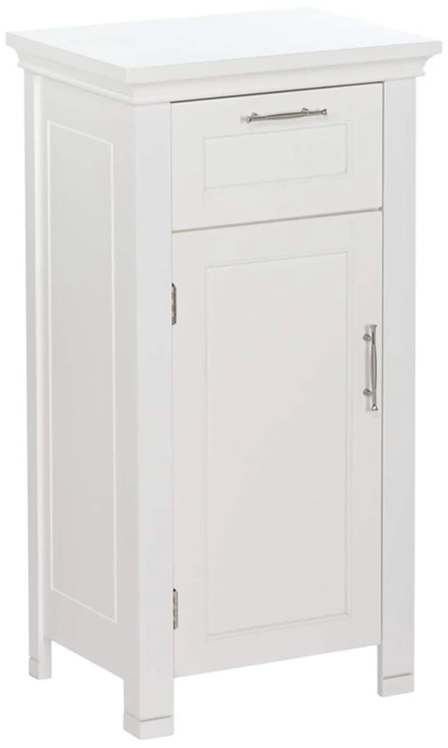 Main image of Single Door Floor Storage Cabinet, White | Laundry Room Linen Cabinet, Bath Medicine Floor Cabinet with Easy-Slide Drawer, Adjustable Interior Shelf