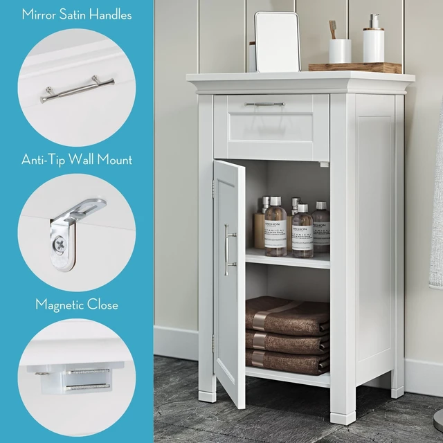 Alt view image 2 of 7 - Single Door Floor Storage Cabinet, White | Laundry Room Linen Cabinet, Bath Medicine Floor Cabinet with Easy-Slide Drawer, Adjustable Interior Shelf