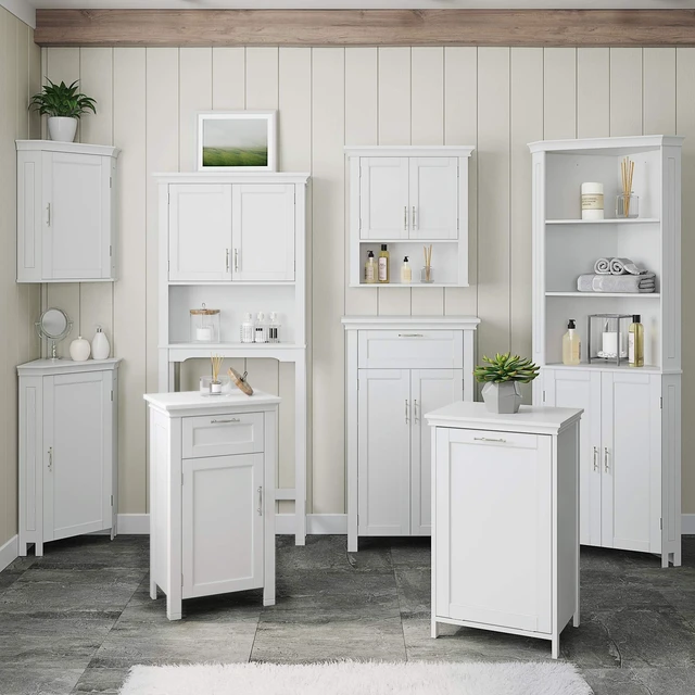 Alt view image 7 of 7 - Single Door Floor Storage Cabinet, White | Laundry Room Linen Cabinet, Bath Medicine Floor Cabinet with Easy-Slide Drawer, Adjustable Interior Shelf