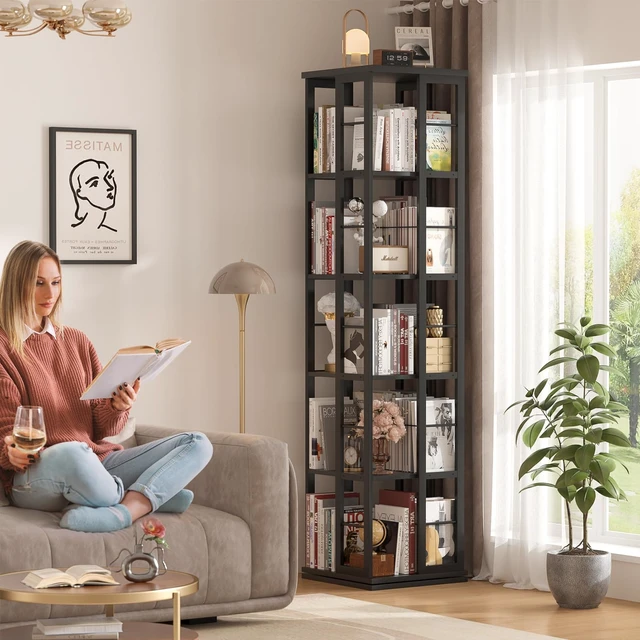 Alt view image 2 of 7 - Rotating Bookshelf, Corner Bookcase, 360 Display Wood Spinning Bookshelves, Floor Standing Bookcases Narrow Shelf, 5 Tiers, Black