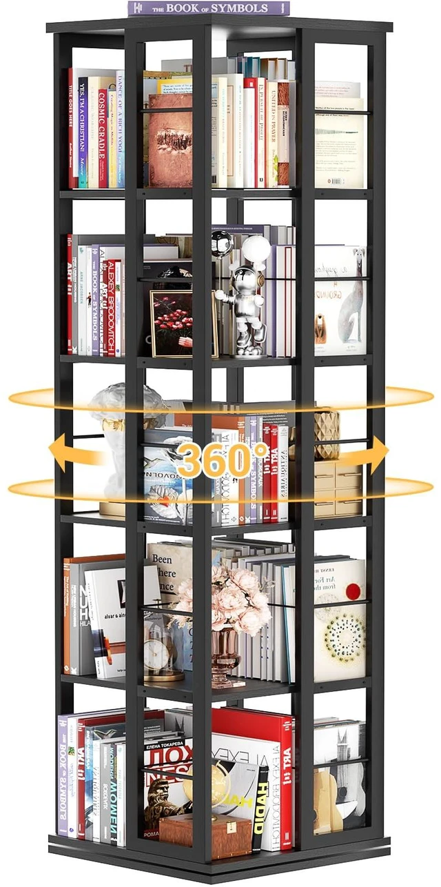 Main image of Rotating Bookshelf, Corner Bookcase, 360 Display Wood Spinning Bookshelves, Floor Standing Bookcases Narrow Shelf, 5 Tiers, Black