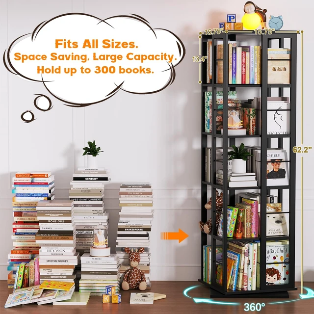 Alt view image 5 of 7 - Rotating Bookshelf, Corner Bookcase, 360 Display Wood Spinning Bookshelves, Floor Standing Bookcases Narrow Shelf, 5 Tiers, Black