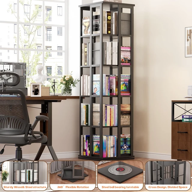 Alt view image 6 of 7 - Rotating Bookshelf, Corner Bookcase, 360 Display Wood Spinning Bookshelves, Floor Standing Bookcases Narrow Shelf, 5 Tiers, Black