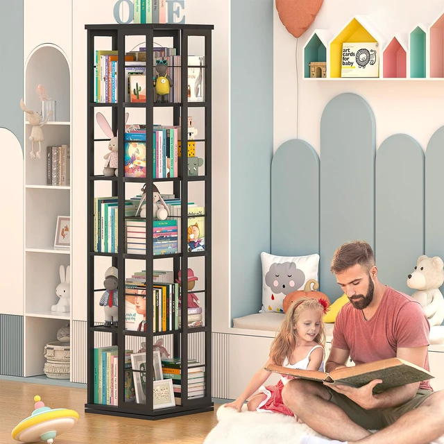 Alt view image 3 of 7 - Rotating Bookshelf, Corner Bookcase, 360 Display Wood Spinning Bookshelves, Floor Standing Bookcases Narrow Shelf, 5 Tiers, Black