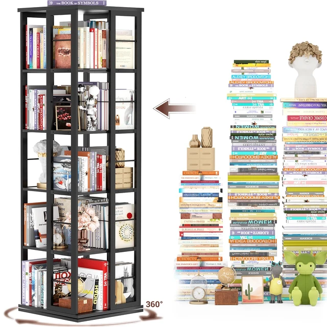 Alt view image 7 of 7 - Rotating Bookshelf, Corner Bookcase, 360 Display Wood Spinning Bookshelves, Floor Standing Bookcases Narrow Shelf, 5 Tiers, Black