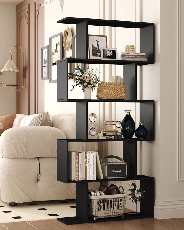 Alt view image 2 of 7 - Bookshelf 5-Tier, Geometric Bookcase S Shaped Book Shelves for Bedroom, Modern Wood Decorative Display Shelf Book Case for Home Office, Black
