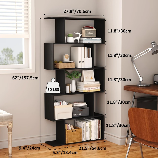 Alt view image 3 of 7 - Bookshelf 5-Tier, Geometric Bookcase S Shaped Book Shelves for Bedroom, Modern Wood Decorative Display Shelf Book Case for Home Office, Black