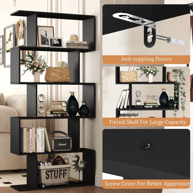 Alt view image 4 of 7 - Bookshelf 5-Tier, Geometric Bookcase S Shaped Book Shelves for Bedroom, Modern Wood Decorative Display Shelf Book Case for Home Office, Black