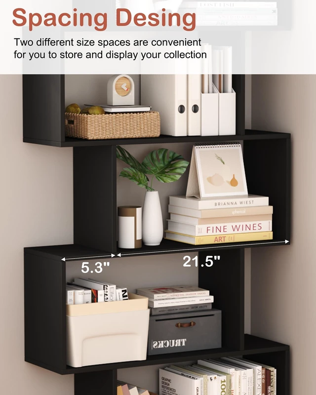 Alt view image 7 of 7 - Bookshelf 5-Tier, Geometric Bookcase S Shaped Book Shelves for Bedroom, Modern Wood Decorative Display Shelf Book Case for Home Office, Black