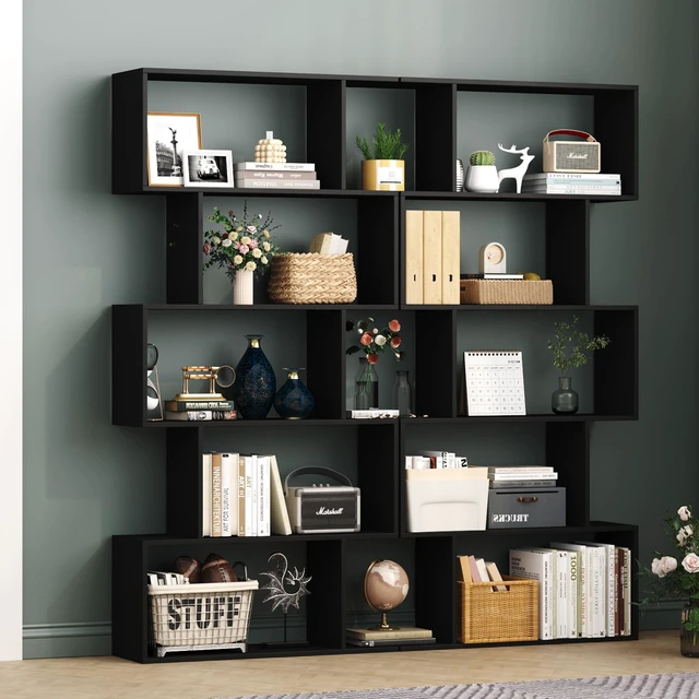 Alt view image 6 of 7 - Bookshelf 5-Tier, Geometric Bookcase S Shaped Book Shelves for Bedroom, Modern Wood Decorative Display Shelf Book Case for Home Office, Black