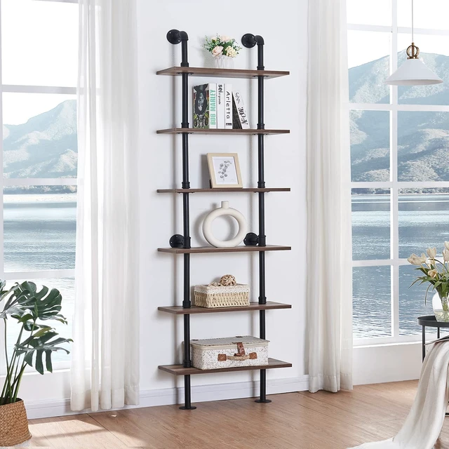 Alt view image 2 of 7 - Industrial Pipe Bookshelf,6 Tier Pipe Shelving for Living Room | Wall Mounted Pipe Shelving,Fits in Small Spaces,MDF Board with Metal Frame, Suitable for Home Office