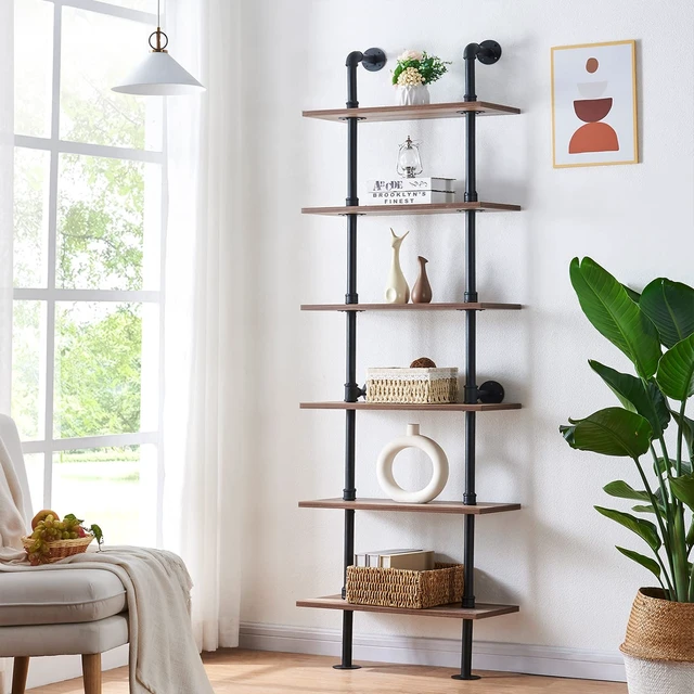 Alt view image 3 of 7 - Industrial Pipe Bookshelf,6 Tier Pipe Shelving for Living Room | Wall Mounted Pipe Shelving,Fits in Small Spaces,MDF Board with Metal Frame, Suitable for Home Office