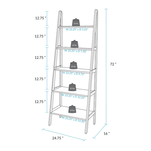 Alt view image 2 of 2 - 100% Solid Wood 5-Shelf Ladder Bookcase, Standard, 72" H, Chestnut