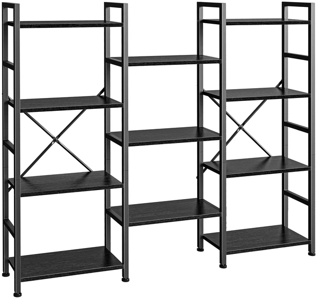Main image of Triple Bookshelf, Bookcase with 11 Open Display Shelves, Wide Book Shelf Book Case for Home & Office, 4 Tier, Black