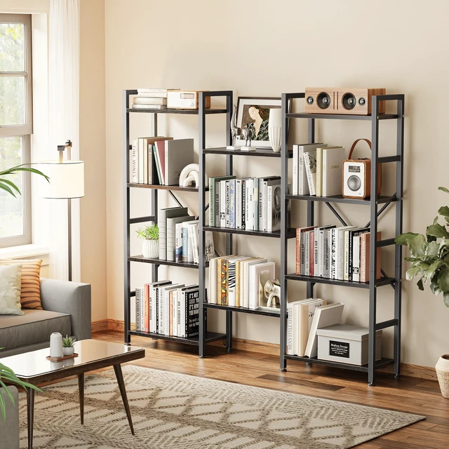 Alt view image 2 of 7 - Triple Bookshelf, Bookcase with 11 Open Display Shelves, Wide Book Shelf Book Case for Home & Office, 4 Tier, Black