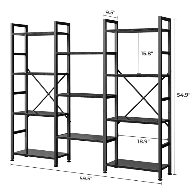 Alt view image 7 of 7 - Triple Bookshelf, Bookcase with 11 Open Display Shelves, Wide Book Shelf Book Case for Home & Office, 4 Tier, Black