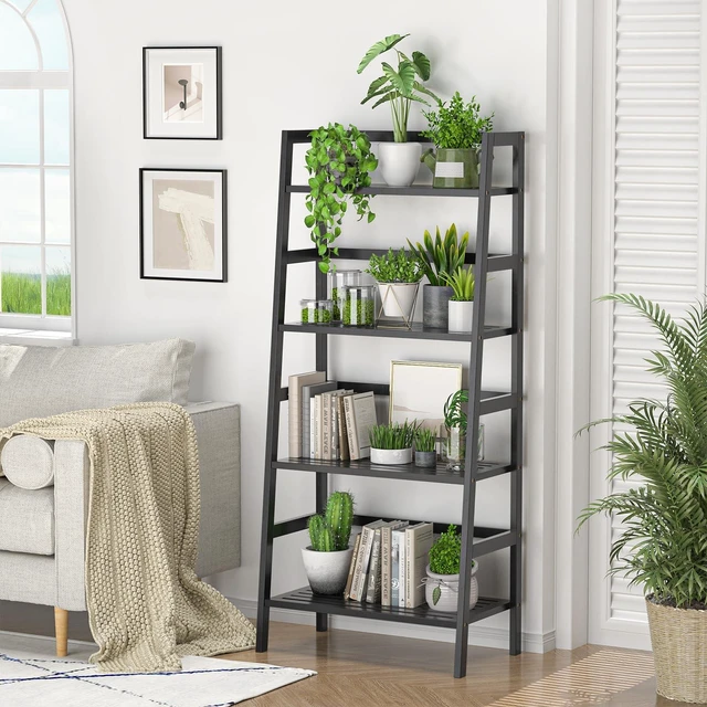 Alt view image 2 of 7 - Black Ladder Shelf, 4-Tier Bamboo Bookshelf & Bookcase Organizer | 49.2 Freestanding Open Display Storage Shelves, Wooden Plant Stand Rack for Small Space, Bathroom, Living Room, Bedroom