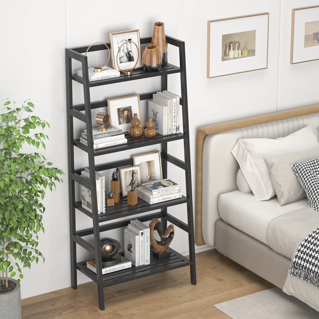 Alt view image 3 of 7 - Black Ladder Shelf, 4-Tier Bamboo Bookshelf & Bookcase Organizer | 49.2 Freestanding Open Display Storage Shelves, Wooden Plant Stand Rack for Small Space, Bathroom, Living Room, Bedroom