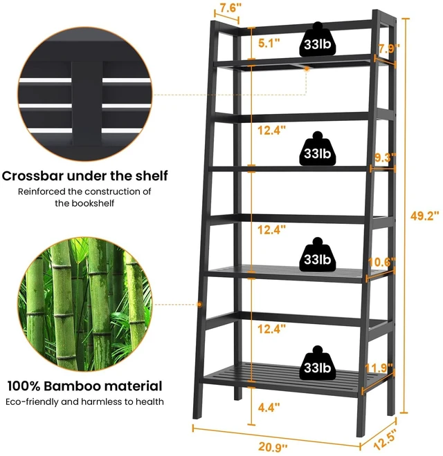 Alt view image 5 of 7 - Black Ladder Shelf, 4-Tier Bamboo Bookshelf & Bookcase Organizer | 49.2 Freestanding Open Display Storage Shelves, Wooden Plant Stand Rack for Small Space, Bathroom, Living Room, Bedroom