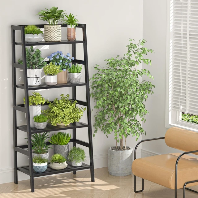 Alt view image 6 of 7 - Black Ladder Shelf, 4-Tier Bamboo Bookshelf & Bookcase Organizer | 49.2 Freestanding Open Display Storage Shelves, Wooden Plant Stand Rack for Small Space, Bathroom, Living Room, Bedroom