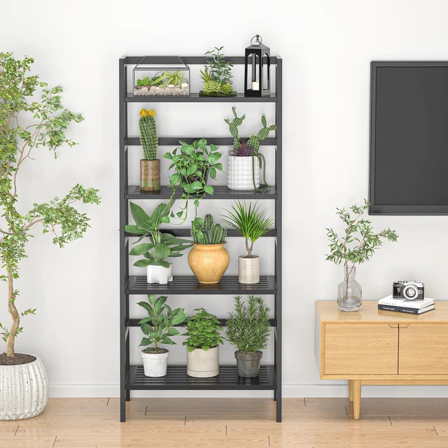 Alt view image 7 of 7 - Black Ladder Shelf, 4-Tier Bamboo Bookshelf & Bookcase Organizer | 49.2 Freestanding Open Display Storage Shelves, Wooden Plant Stand Rack for Small Space, Bathroom, Living Room, Bedroom