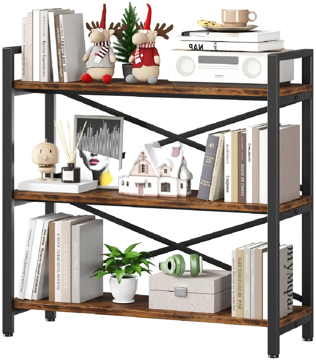 Main image of 3 Tier Bookshelf 31.49" Width, Wood and Metal Etagere Bookcase, Vintage Farmhouse Modern Wooden Big Book Shelf for Home Living Room Bedroom Office Storage(Rustic Brown)
