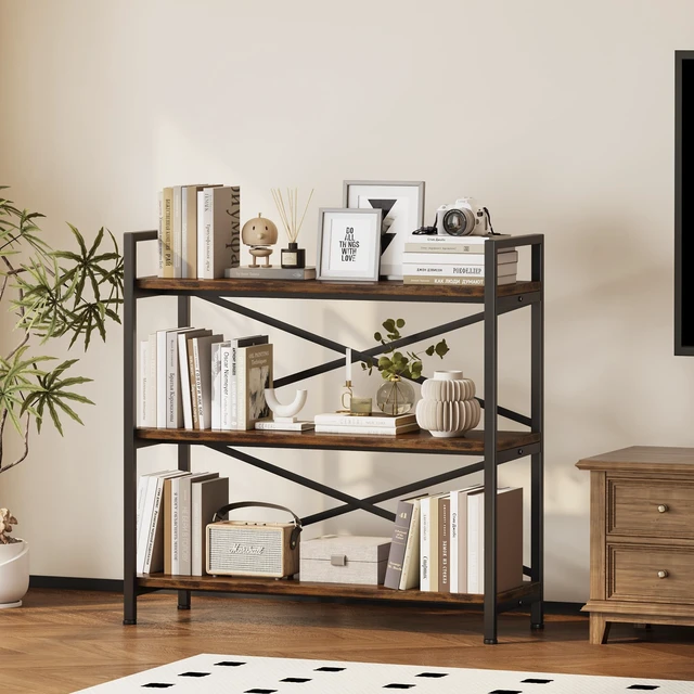Alt view image 2 of 7 - 3 Tier Bookshelf 31.49" Width, Wood and Metal Etagere Bookcase, Vintage Farmhouse Modern Wooden Big Book Shelf for Home Living Room Bedroom Office Storage(Rustic Brown)