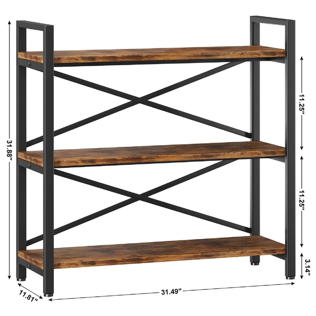 Alt view image 3 of 7 - 3 Tier Bookshelf 31.49" Width, Wood and Metal Etagere Bookcase, Vintage Farmhouse Modern Wooden Big Book Shelf for Home Living Room Bedroom Office Storage(Rustic Brown)