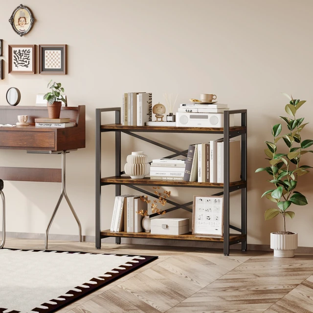Alt view image 5 of 7 - 3 Tier Bookshelf 31.49" Width, Wood and Metal Etagere Bookcase, Vintage Farmhouse Modern Wooden Big Book Shelf for Home Living Room Bedroom Office Storage(Rustic Brown)