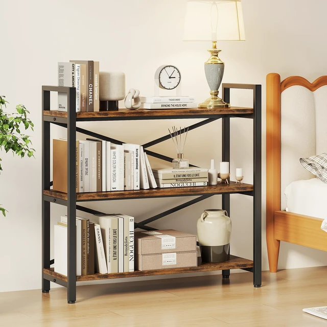 Alt view image 4 of 7 - 3 Tier Bookshelf 31.49" Width, Wood and Metal Etagere Bookcase, Vintage Farmhouse Modern Wooden Big Book Shelf for Home Living Room Bedroom Office Storage(Rustic Brown)