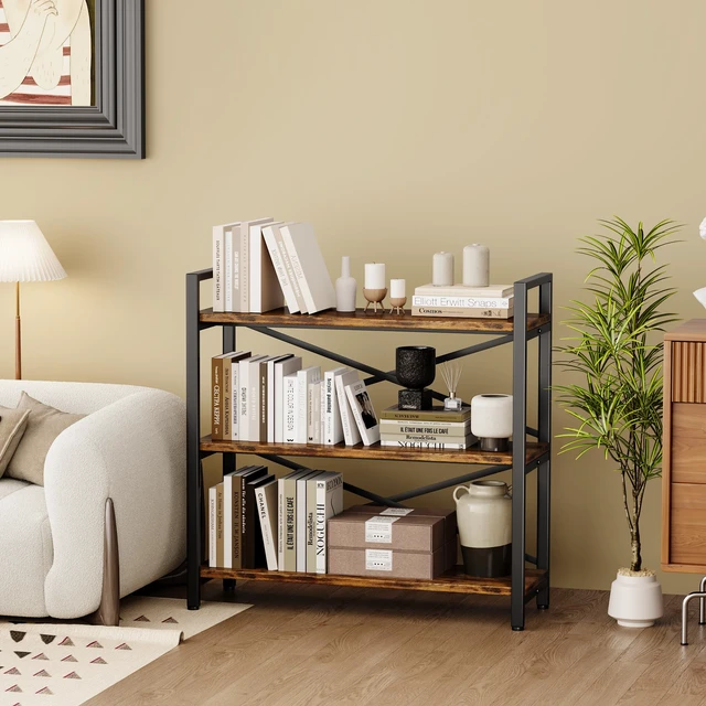 Alt view image 7 of 7 - 3 Tier Bookshelf 31.49" Width, Wood and Metal Etagere Bookcase, Vintage Farmhouse Modern Wooden Big Book Shelf for Home Living Room Bedroom Office Storage(Rustic Brown)