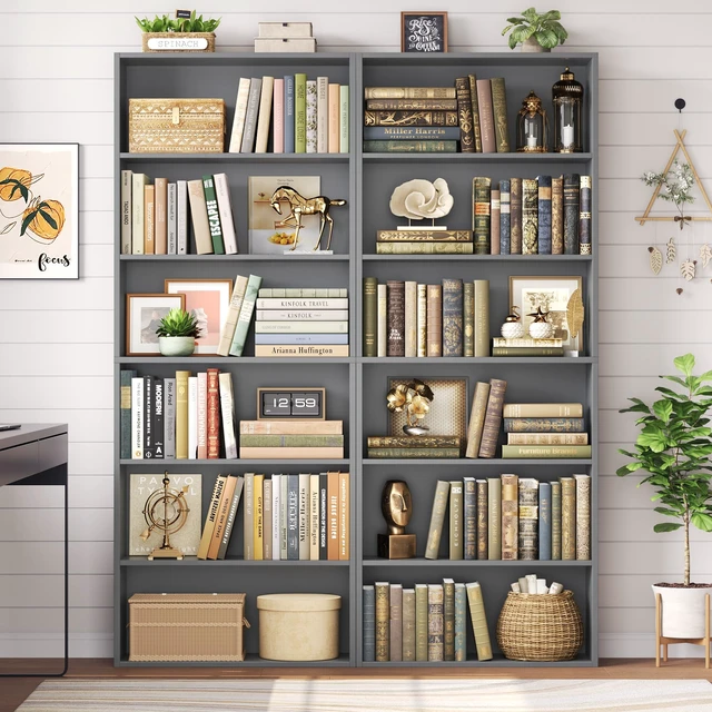 Alt view image 2 of 7 - 6 Tier Tall Bookshelf Bookcase with Open Display Shelves, Dark Gray | Industrial Tall Bookcases with Storage, Freestanding Book Shelf for Home Office, School Library , Living Room, Narrow Space