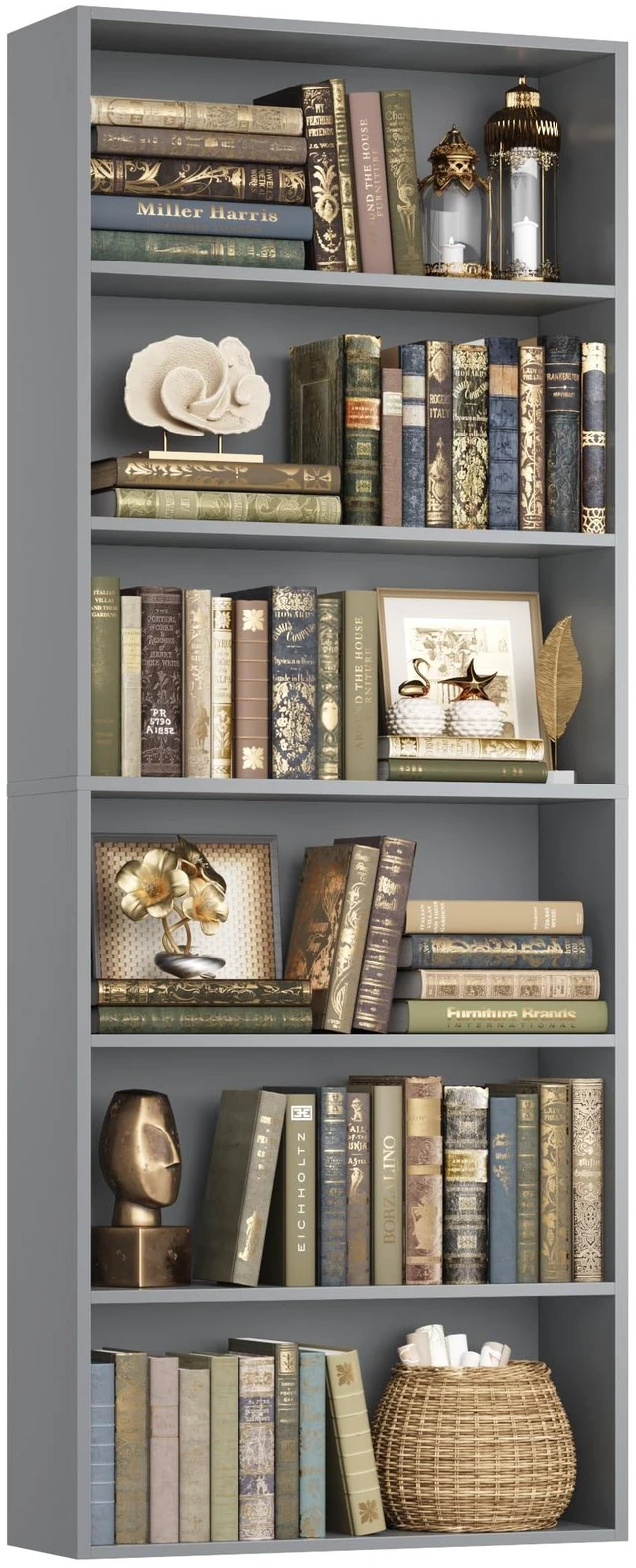 Main image of 6 Tier Tall Bookshelf Bookcase with Open Display Shelves, Dark Gray | Industrial Tall Bookcases with Storage, Freestanding Book Shelf for Home Office, School Library , Living Room, Narrow Space