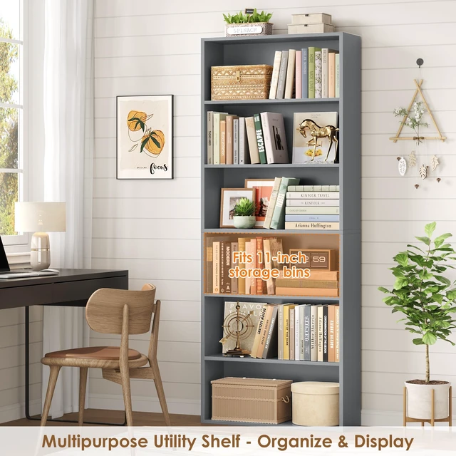Alt view image 5 of 7 - 6 Tier Tall Bookshelf Bookcase with Open Display Shelves, Dark Gray | Industrial Tall Bookcases with Storage, Freestanding Book Shelf for Home Office, School Library , Living Room, Narrow Space