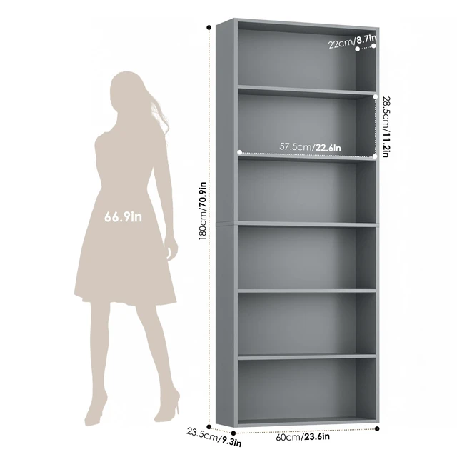 Alt view image 7 of 7 - 6 Tier Tall Bookshelf Bookcase with Open Display Shelves, Dark Gray | Industrial Tall Bookcases with Storage, Freestanding Book Shelf for Home Office, School Library , Living Room, Narrow Space