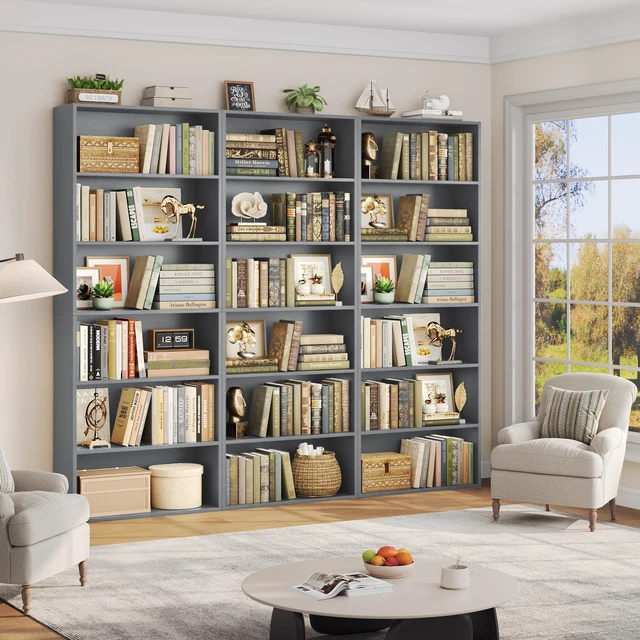 Alt view image 4 of 7 - 6 Tier Tall Bookshelf Bookcase with Open Display Shelves, Dark Gray | Industrial Tall Bookcases with Storage, Freestanding Book Shelf for Home Office, School Library , Living Room, Narrow Space