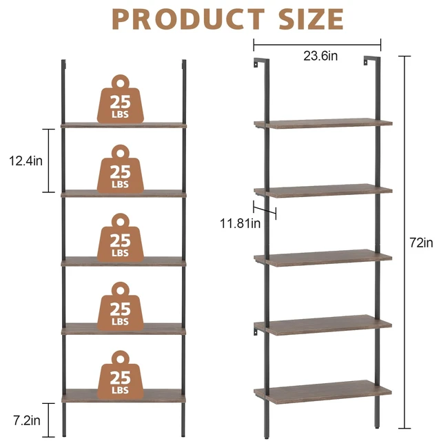 Alt view image 2 of 7 - 5 Tiers Ladder Shelf 2-Piece Black Modern Tall Bookshelf Open Large Tall Wall Mount Storage Bookcase Standing Leaning Wall Shelves Industrial Decorative (Brown)