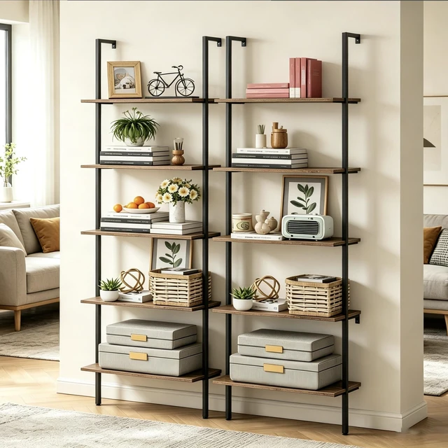 Main image of 5 Tiers Ladder Shelf 2-Piece Black Modern Tall Bookshelf Open Large Tall Wall Mount Storage Bookcase Standing Leaning Wall Shelves Industrial Decorative (Brown)