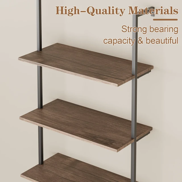 Alt view image 5 of 7 - 5 Tiers Ladder Shelf 2-Piece Black Modern Tall Bookshelf Open Large Tall Wall Mount Storage Bookcase Standing Leaning Wall Shelves Industrial Decorative (Brown)