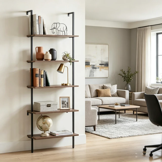 Alt view image 6 of 7 - 5 Tiers Ladder Shelf 2-Piece Black Modern Tall Bookshelf Open Large Tall Wall Mount Storage Bookcase Standing Leaning Wall Shelves Industrial Decorative (Brown)