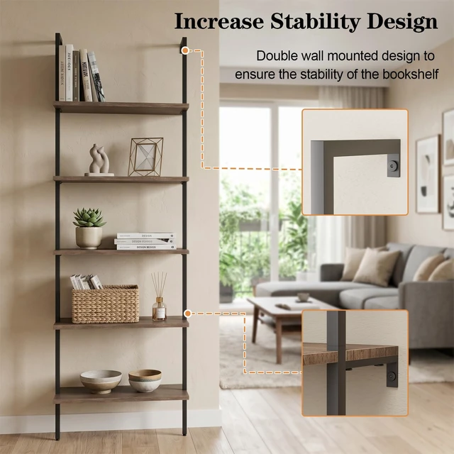 Alt view image 7 of 7 - 5 Tiers Ladder Shelf 2-Piece Black Modern Tall Bookshelf Open Large Tall Wall Mount Storage Bookcase Standing Leaning Wall Shelves Industrial Decorative (Brown)