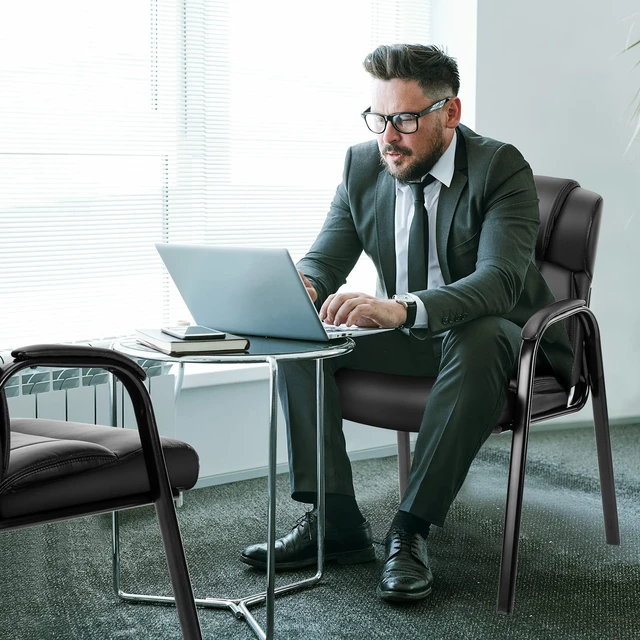 Alt view image 2 of 7 - Office Waiting Room Chairs Set of 2, Stationary Side Guest Chair | PU Leather, Comfy Padded Arms, Fit Home Conference Meeting Lobby Area, Medical Clinic Church